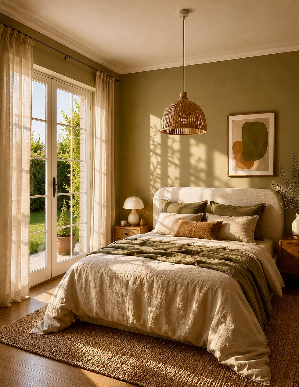 Chambre parentale vert olive à l’ambiance chaleureuse, avec linge de lit naturel, bois et suspension en fibres naturelles.