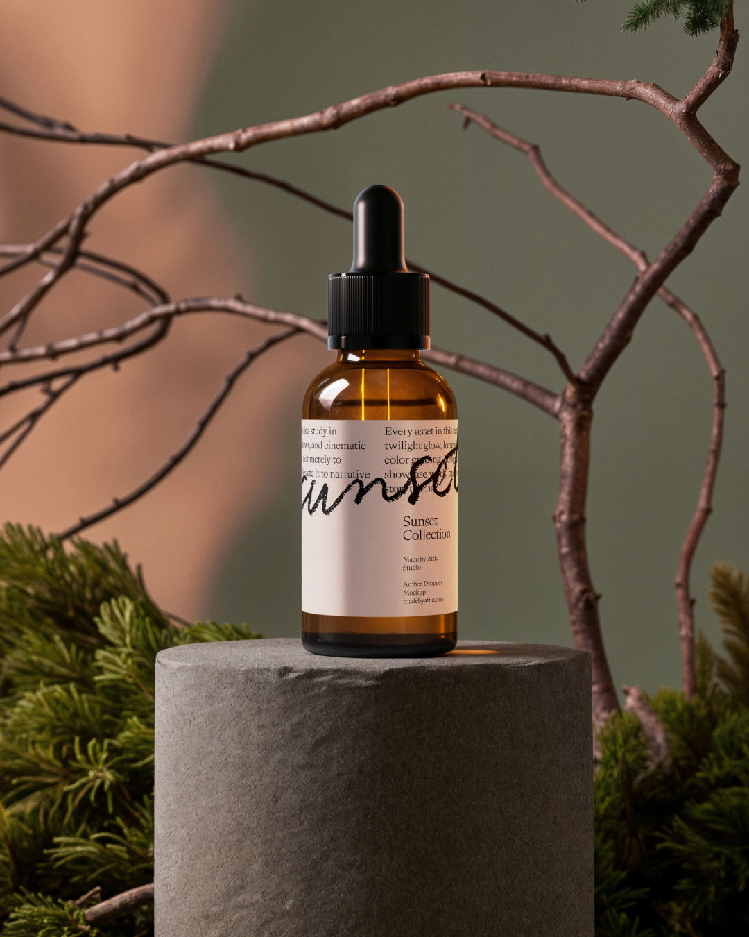 Amber glass dropper bottle standing on a grey stone cylinder surrounded by green moss and dry tree branches.