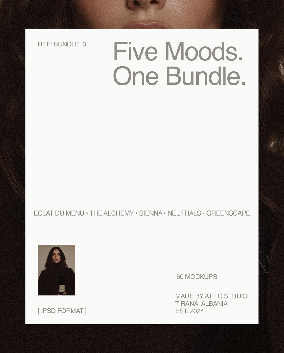 A professional editorial collage titled 'Five Moods. One Bundle.' showcasing 50 high-fidelity mockups across five cohesive st