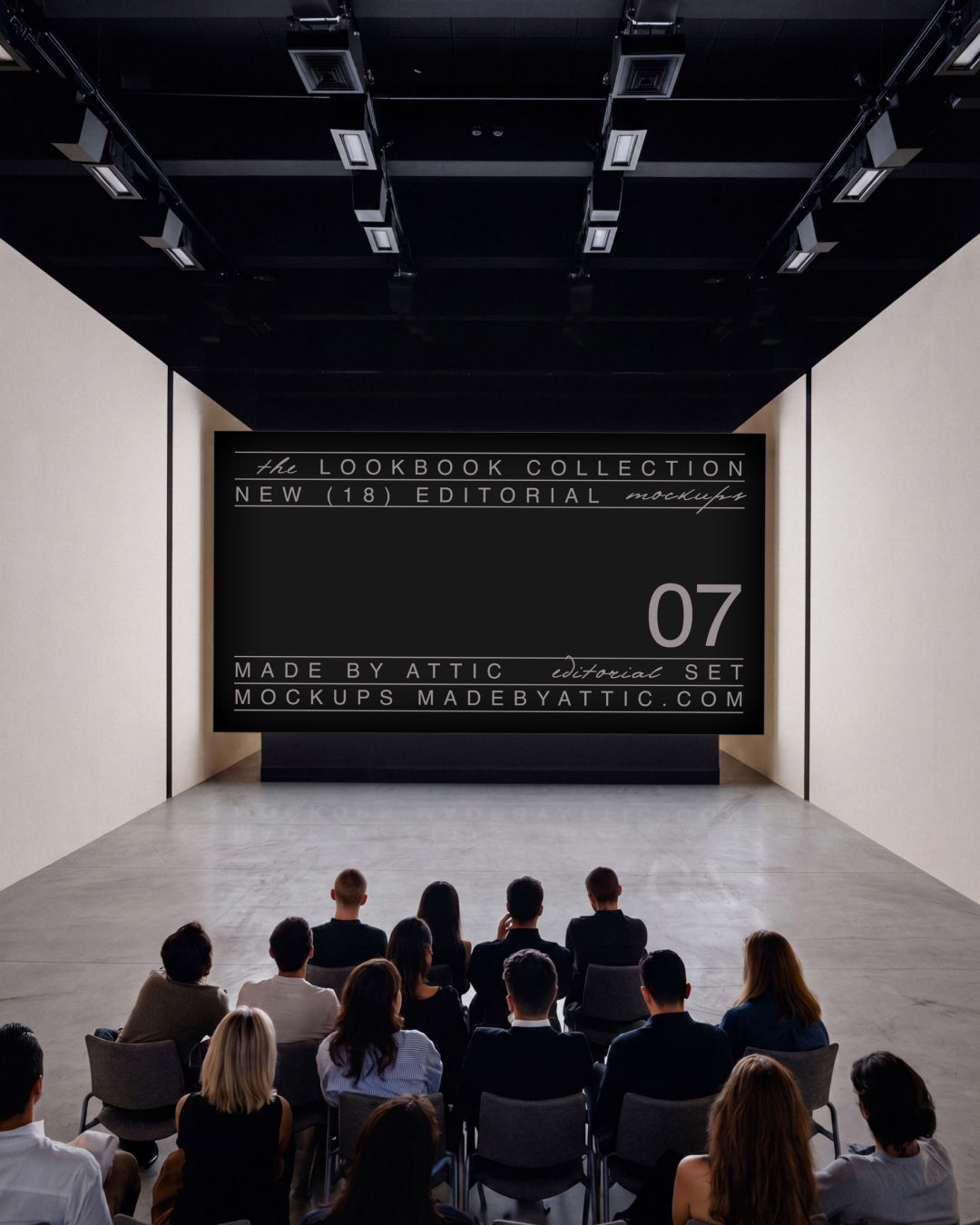 screen mockup, presentation screen, seated audience, fashion show, track lighting, concrete floor, event mockup, made by atti