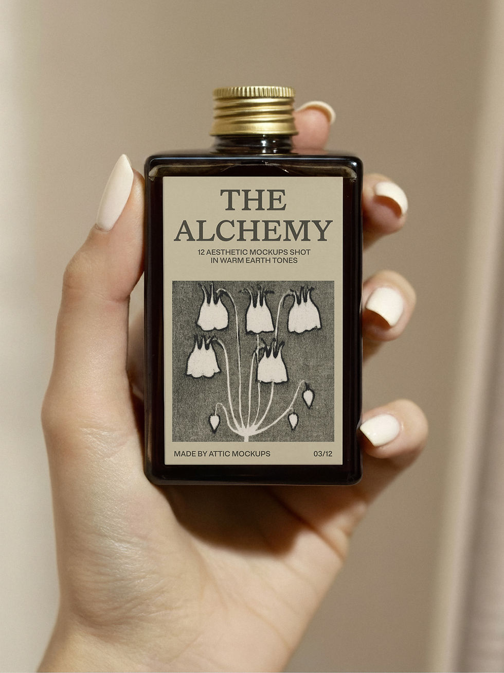 Flask bottle mockup held in one hand with the label facing the camera