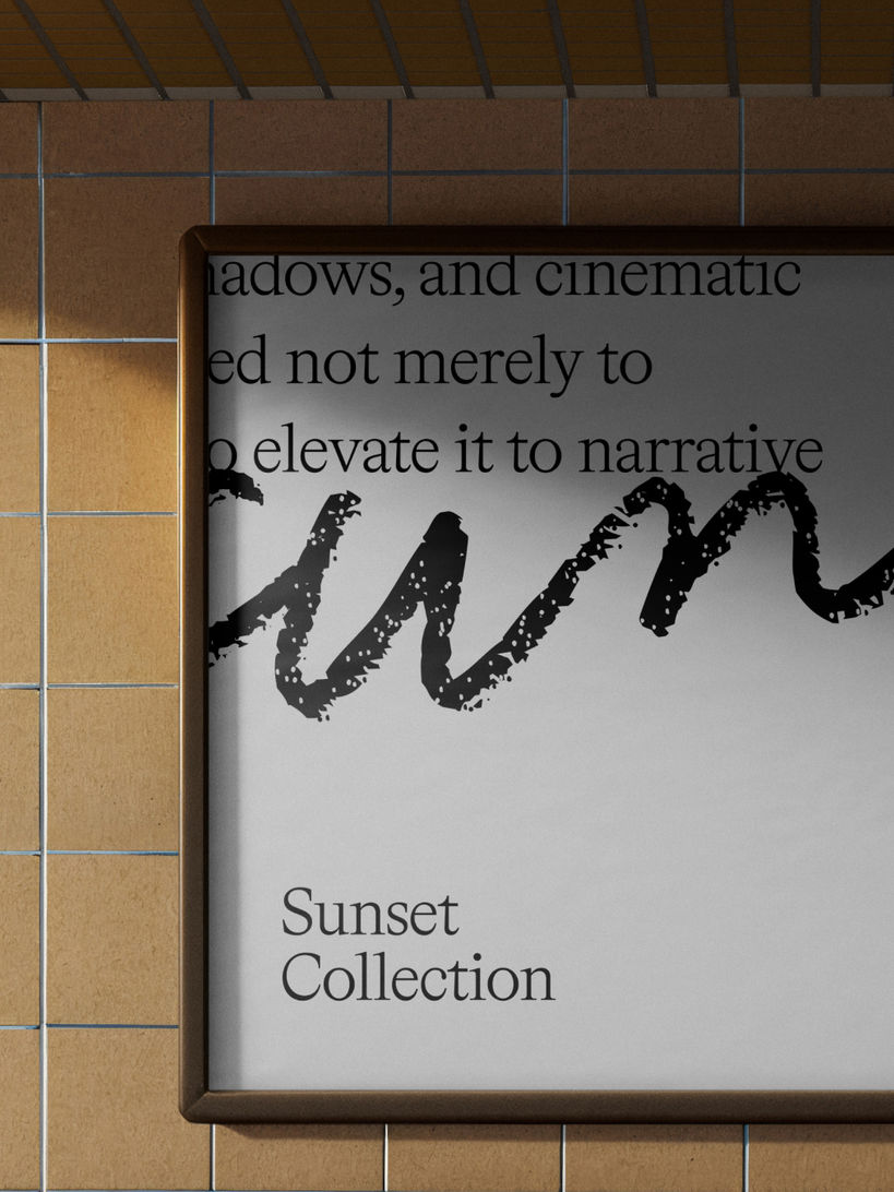 A high fidelity station poster mockup in a dark frame on a tiled subway wall above brown transit seating.