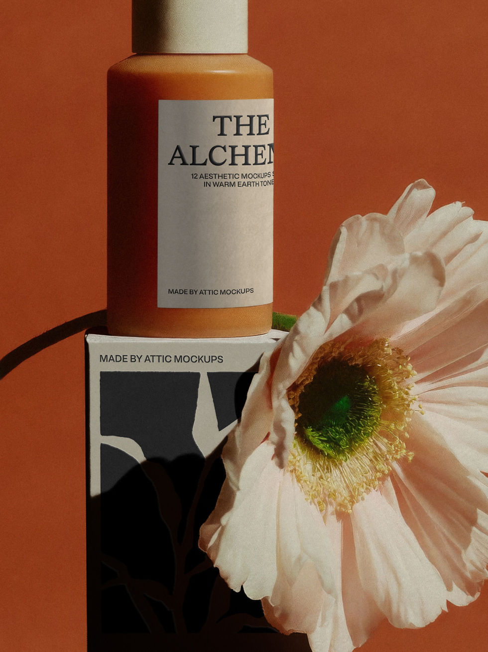 Thumbnail: Cosmetic bottle mockup standing on a product box beside a pale poppy on a terracotta background