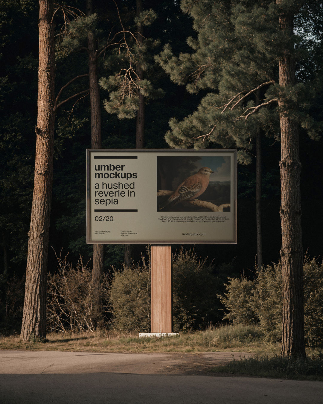 A high fidelity billboard mockup featuring a large horizontal sign with timber supports set against a dense, cinematic forest