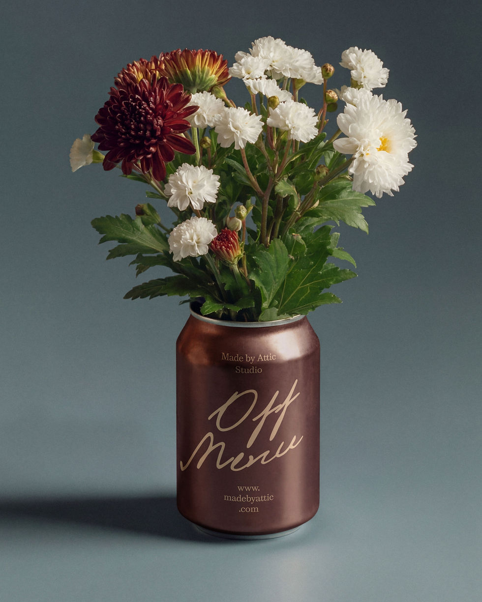 can mockup, silver aluminium can, chrysanthemums, flower vase can, still life, beverage can mockup, made by attic