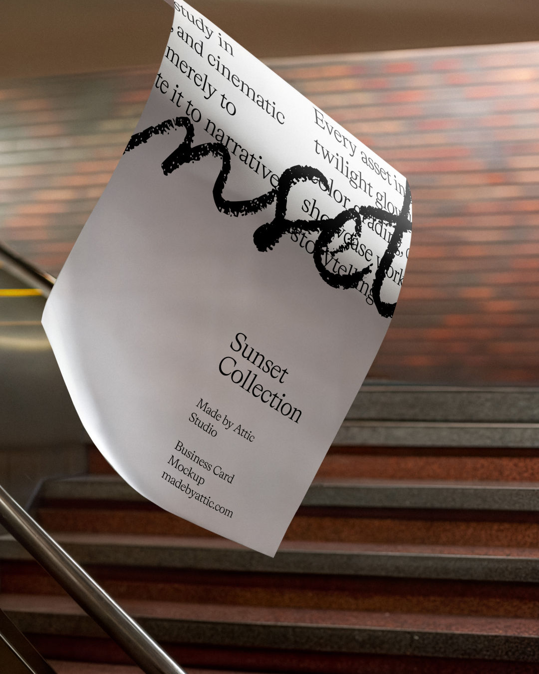 Floating vertical poster mockup suspended over subway stairs with dynamic motion blur and warm sunset lighting