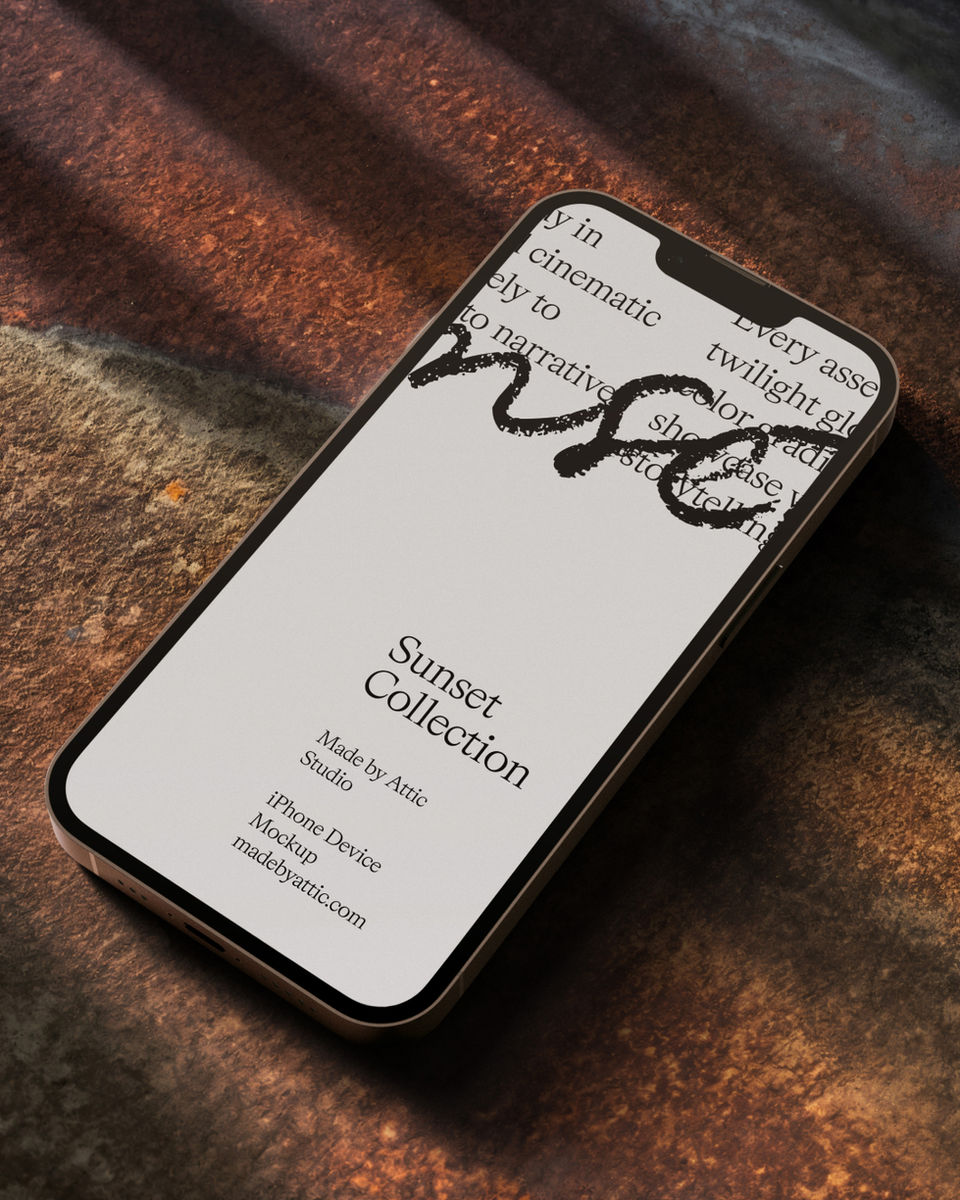 A high fidelity iphone device mockup resting on a raw textured stone surface with sharp natural light shadows.