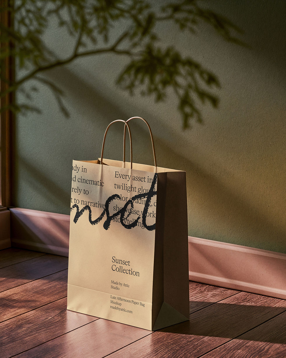paper bag mockup, white paper bag, olive green wall, wood floor, branch shadows, retail packaging mockup, made by attic