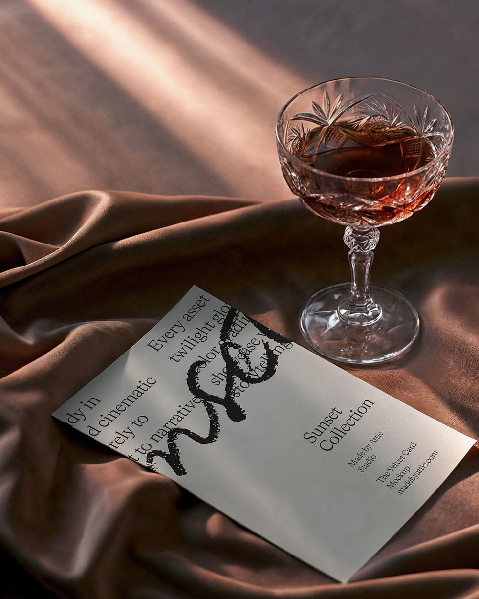 A high fidelity card mockup with a blank invitation card and a ribbed glass filled with dark liquid resting on draped brown v