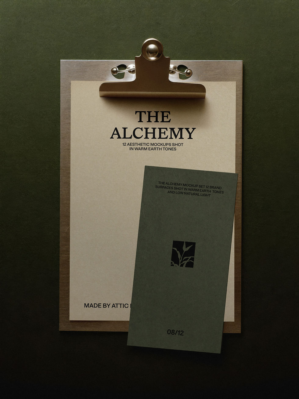A metal clipboard and a leaning card shot from above on deep green. Editable PSD with two flat smart objects and editable car