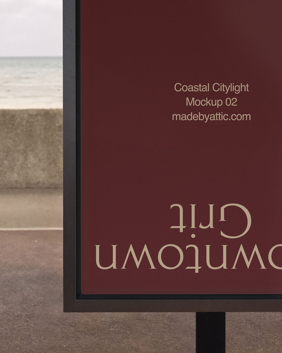Thumbnail: A high fidelity citylight mockup in a black frame under an urban shelter with the sea and a muted sky in the background.