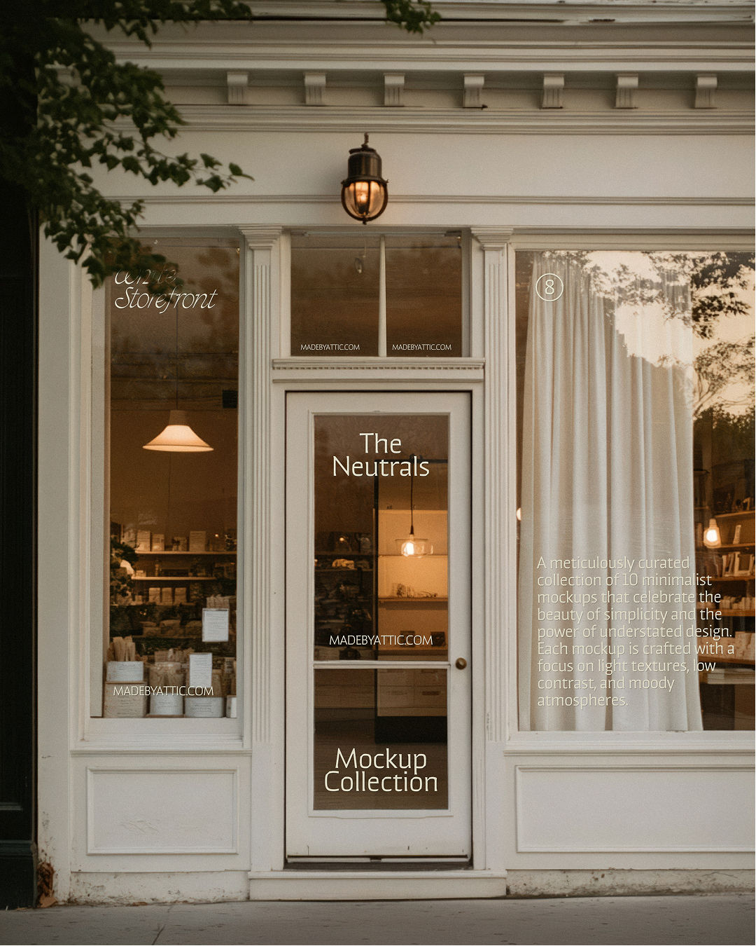 storefront mockup, boutique shop front, warm interior light, glass door, white facade, retail branding mockup, made by attic