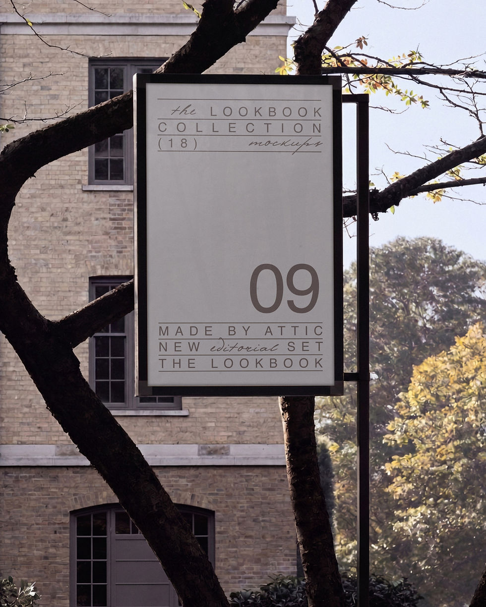 banner mockup, pole banner, bare tree branches, brick building, autumn light, institutional signage mockup, made by attic