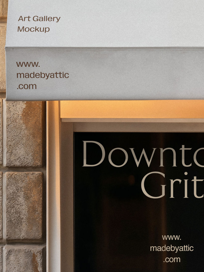 A high-fidelity art gallery mockup featuring a sophisticated urban storefront window and awning under warm, golden hour light