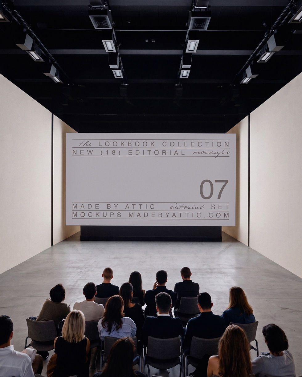 Thumbnail: screen mockup, presentation screen, seated audience, fashion show, track lighting, concrete floor, event mockup, made by atti