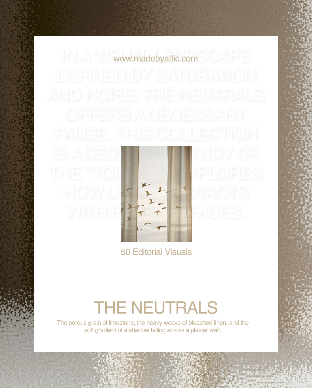 A minimalist editorial cover for 'The Neutrals' stock image collection featuring a small photo of birds flying outside a wind