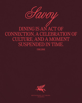 Savoy restaurant brand identity by Arkadë Studio, deep crimson background with script logotype and winged Pegasus symbol