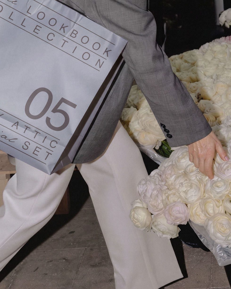 Thumbnail: tote bag mockup, flower market, white roses, grey blazer, cream trousers, editorial lifestyle mockup, made by attic