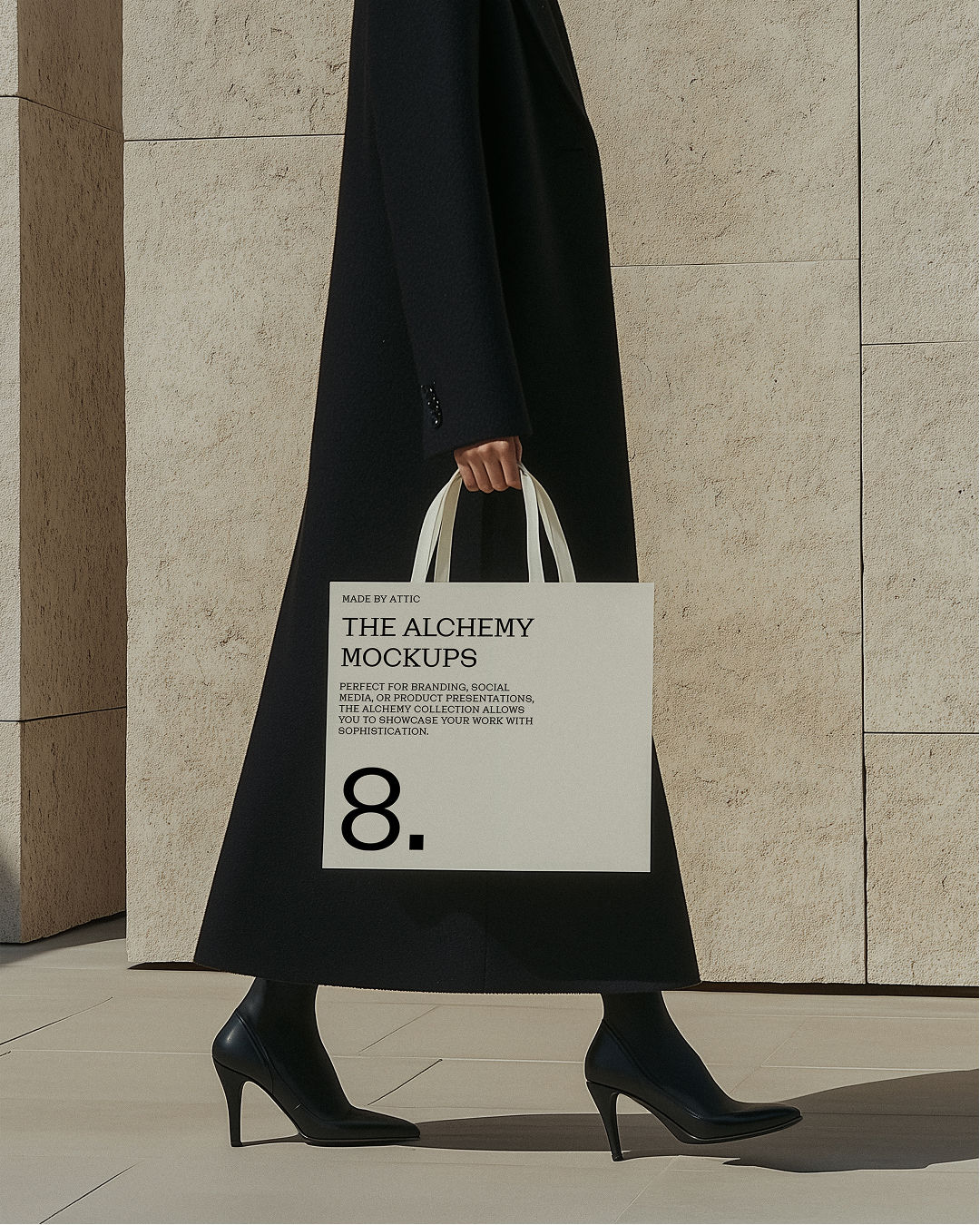 tote bag mockup, white structured bag, black coat, travertine wall, luxury bag mockup, fashion mockup, made by attic