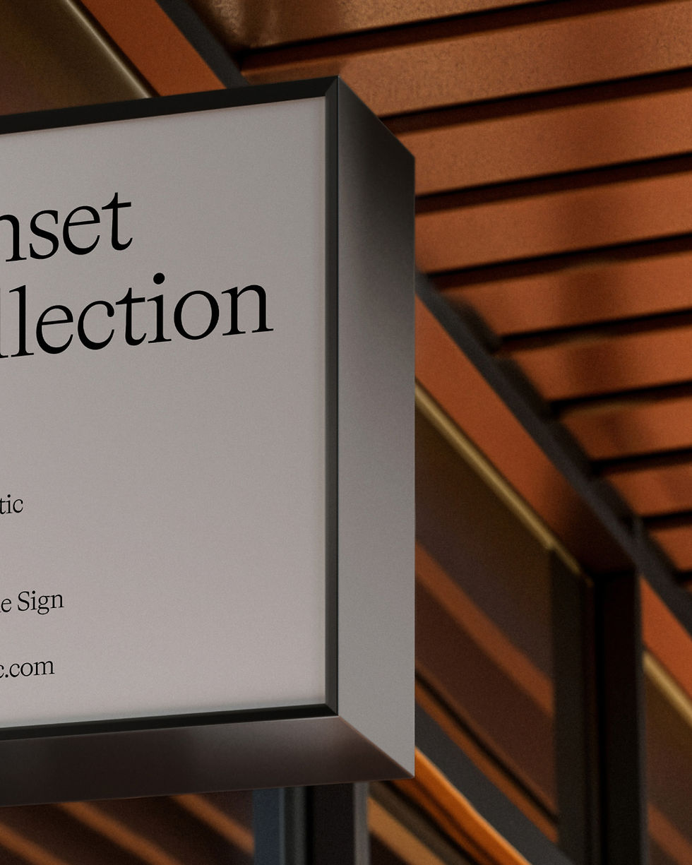 Thumbnail: Square white projecting sign attached to a grey column under a modern wood-slatted ceiling.