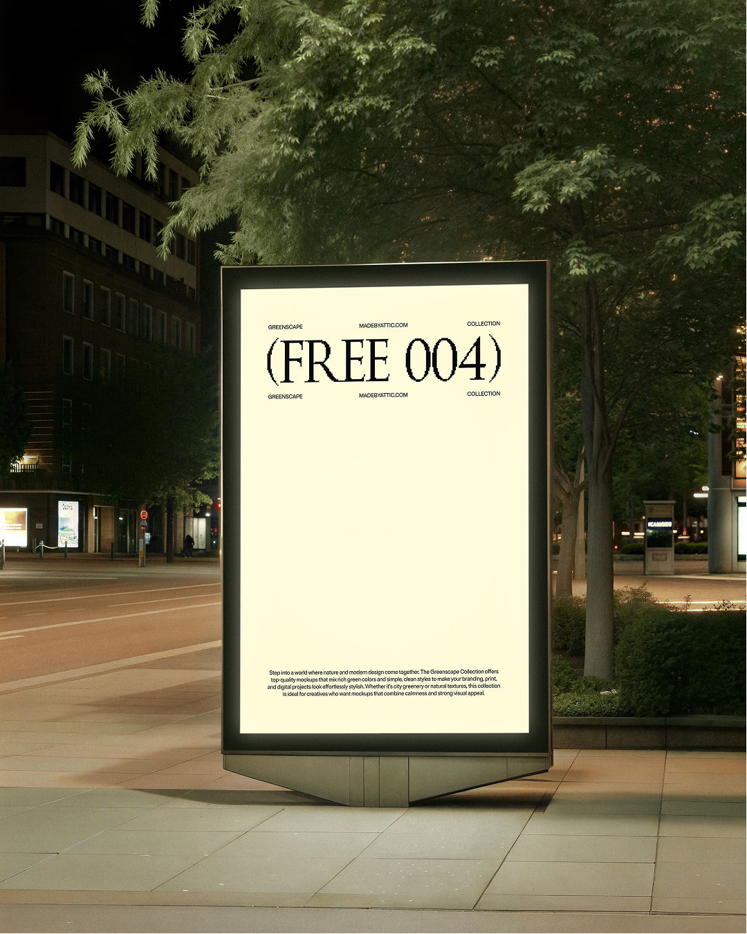 free poster mockup, city light display, night street, backlit poster, urban advertising mockup, made by attic