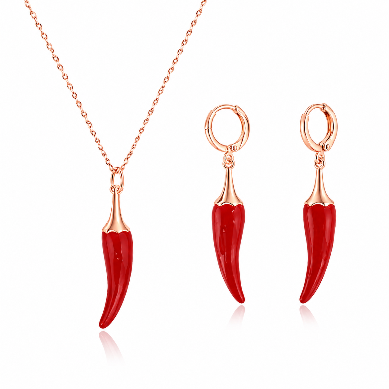 Red chilli necklace and hoop earrings set in rose gold plating by XUPING.UK