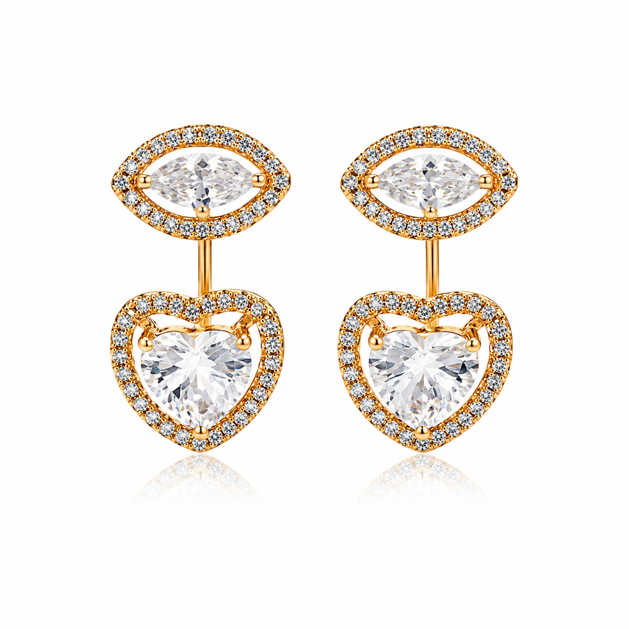 Gold plated heart drop earrings with cubic zirconia stones on white background