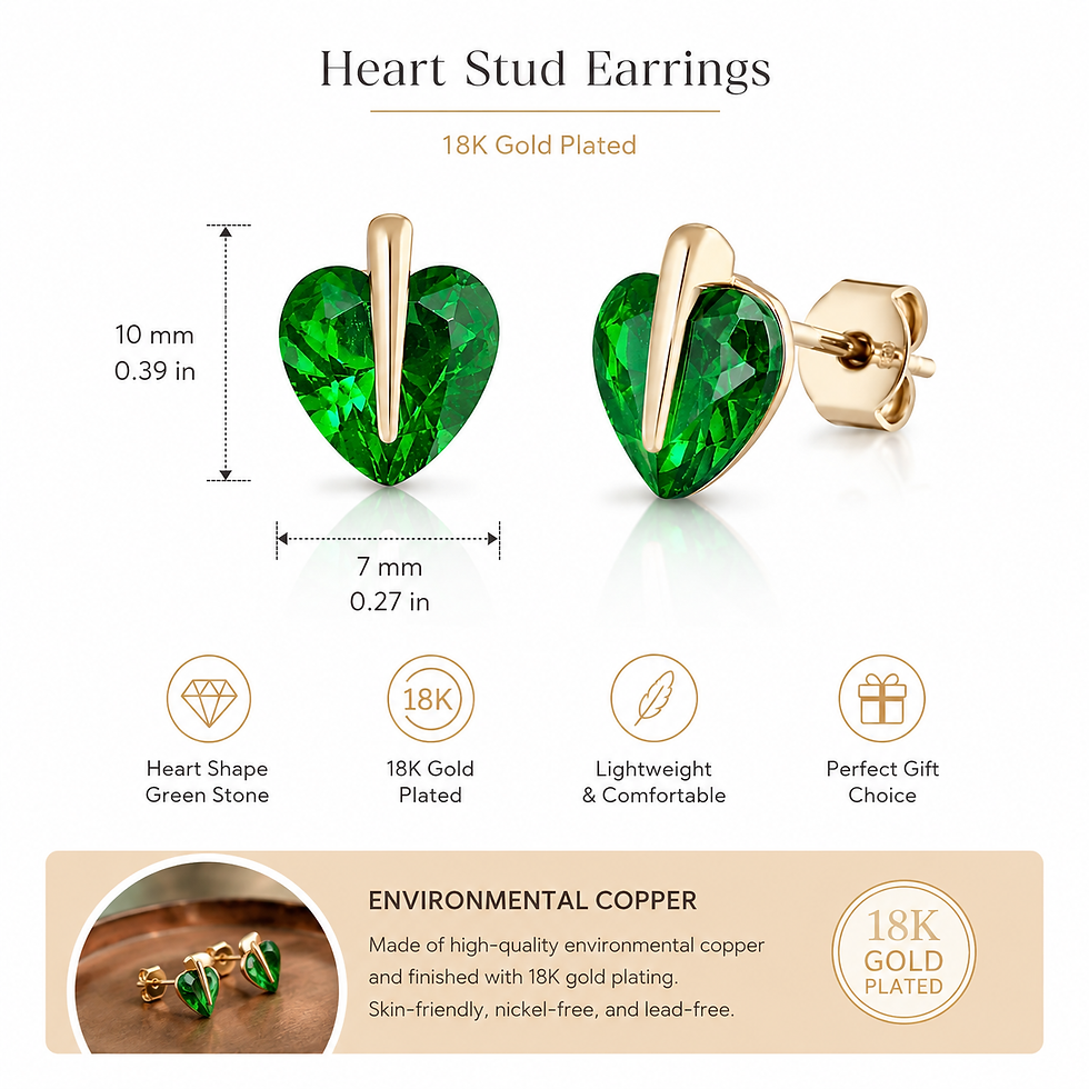 Green heart stud earrings size guide showing 10 mm height and 7 mm width