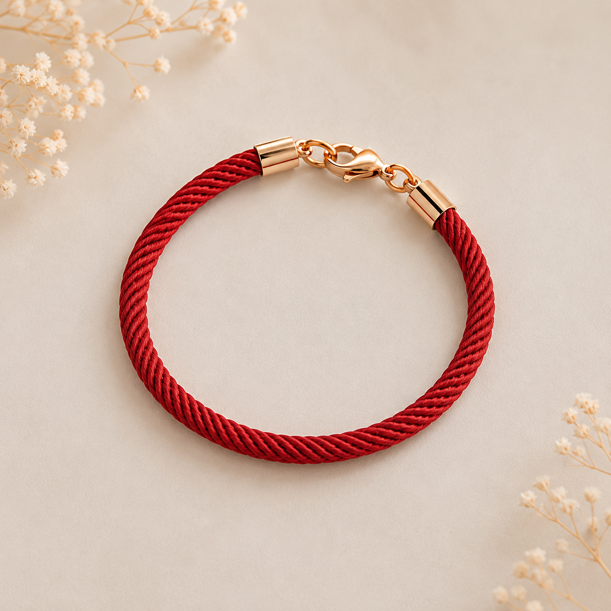 Red braided bracelet with gold-tone clasp on a neutral background