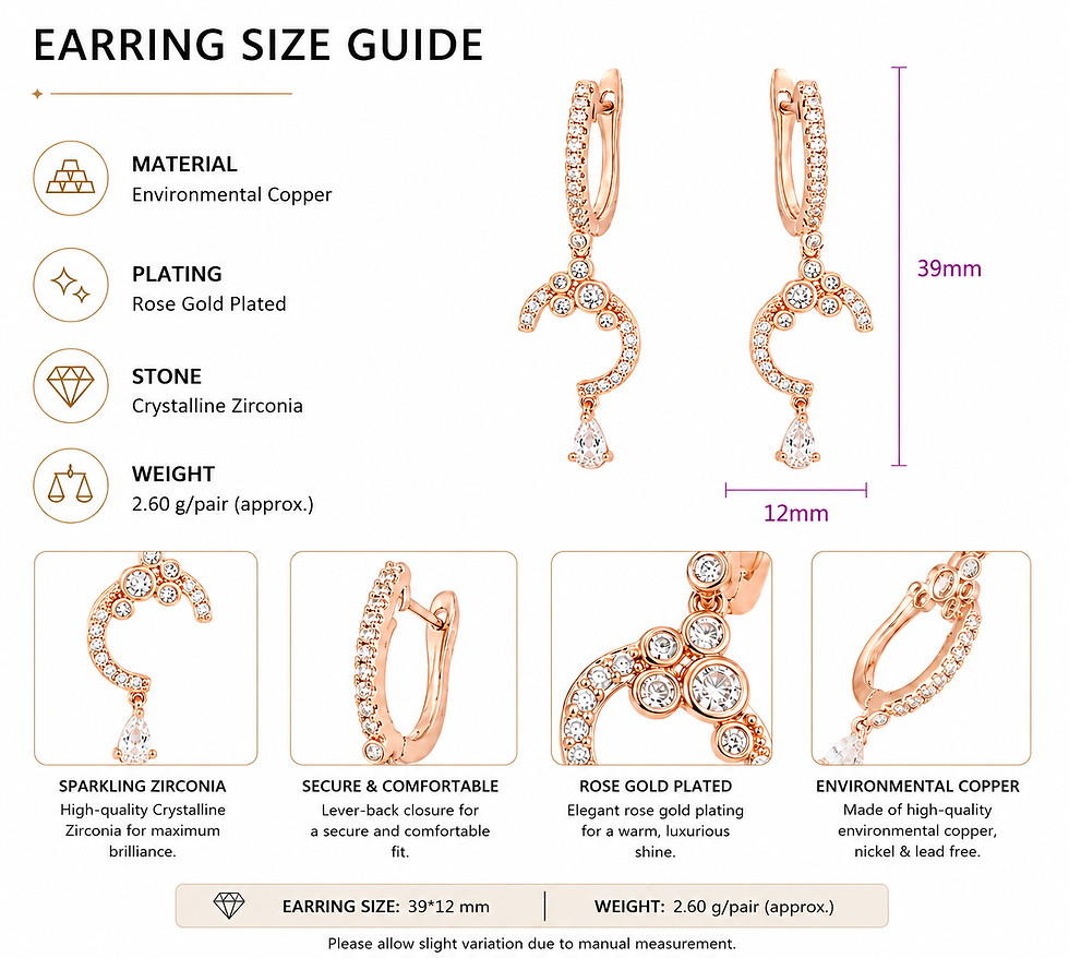 Thumbnail: Earring size guide showing dimensions, material details, and rose gold plated zirconia design.