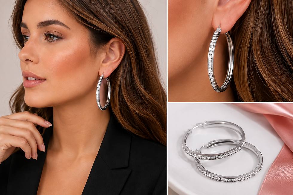 Thumbnail: Silver colour AB crystal hoop earrings worn on model