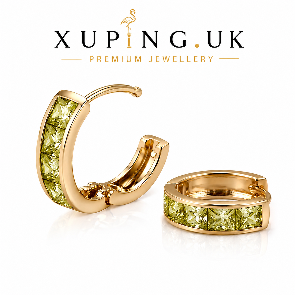 Thumbnail: Side view of apple green zirconia hoop earrings with 18K gold plating by Xuping UK.