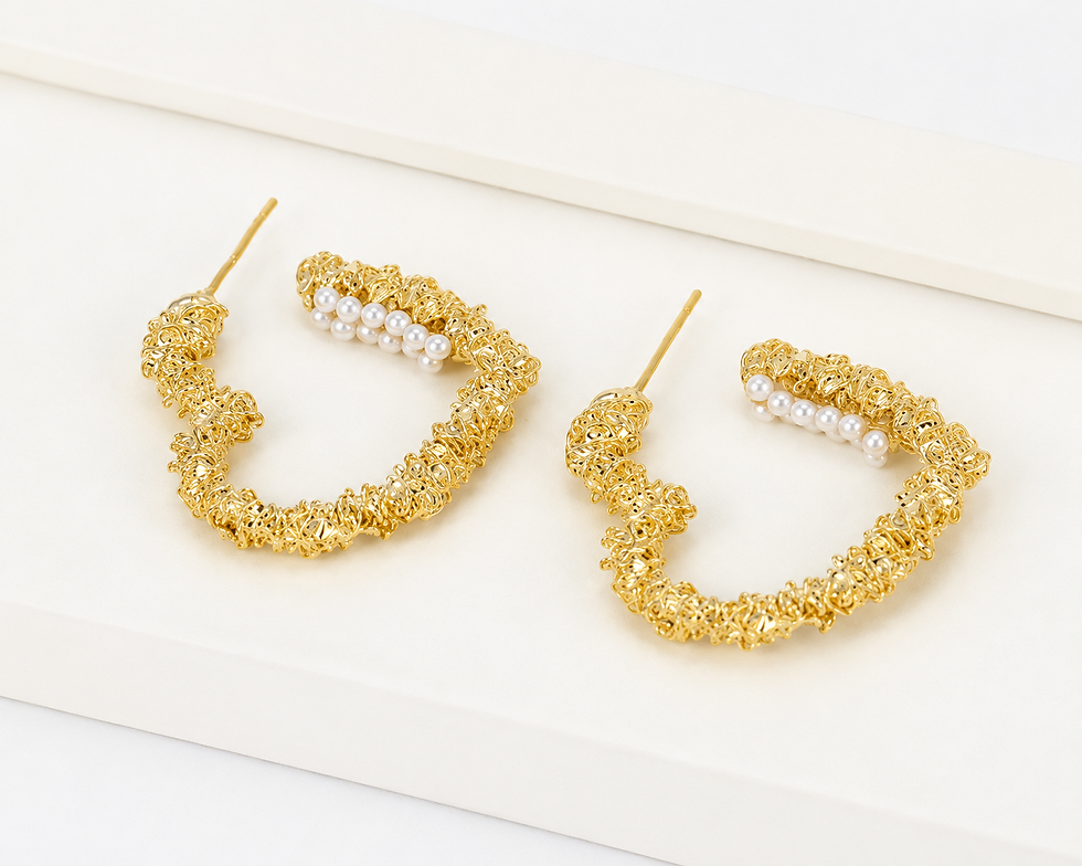 Thumbnail: Gold colour S925 Silver heart earrings with white pearl details