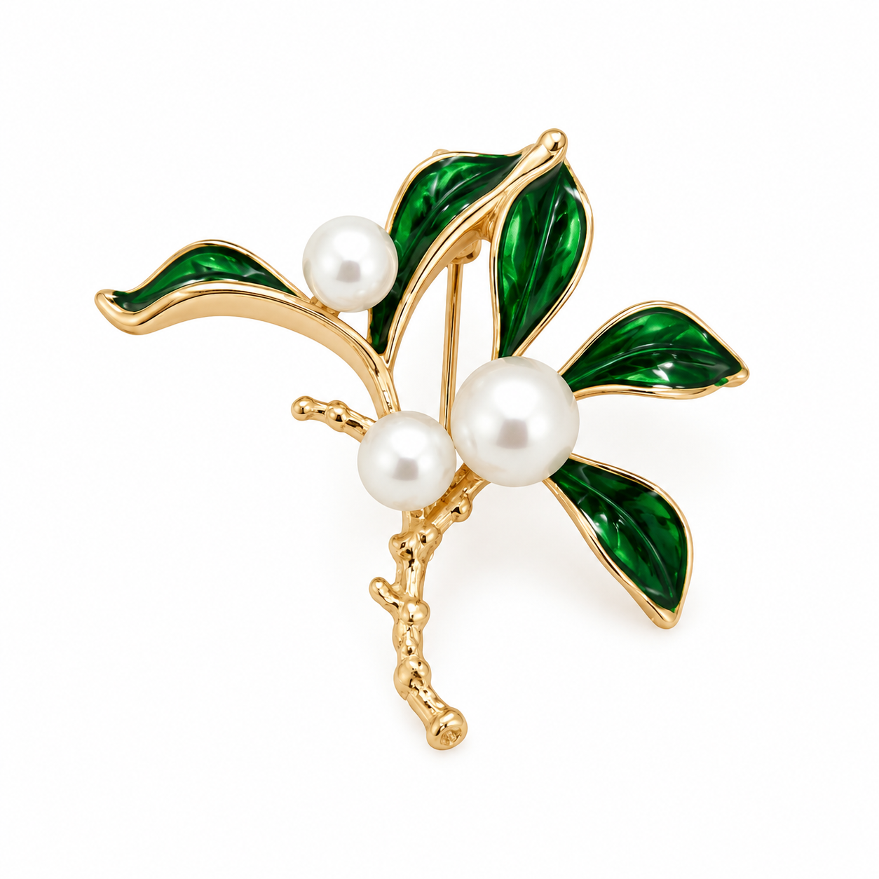 .Pearl and Green Leaf Brooch in 18ct Gold Colour.