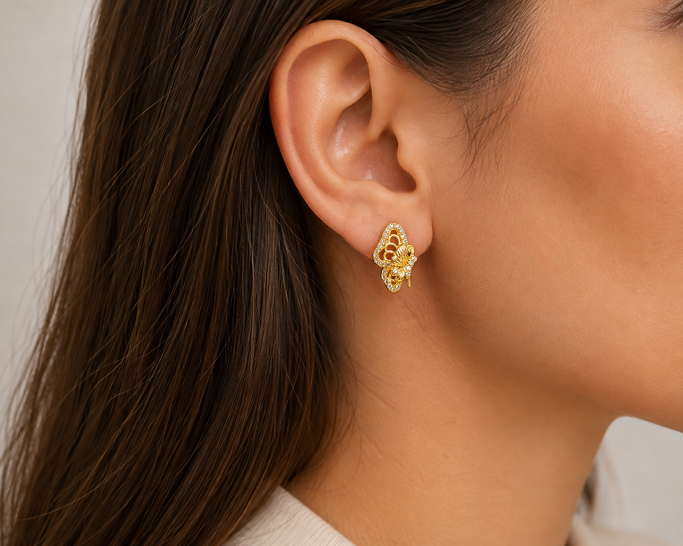 Thumbnail: Gold-plated twisted cubic zirconia stud earrings worn on ear