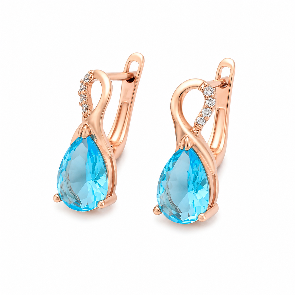 Thumbnail: Rose Gold Colour Aquamarine Teardrop Latch Back Earrings with Cubic Zirconia