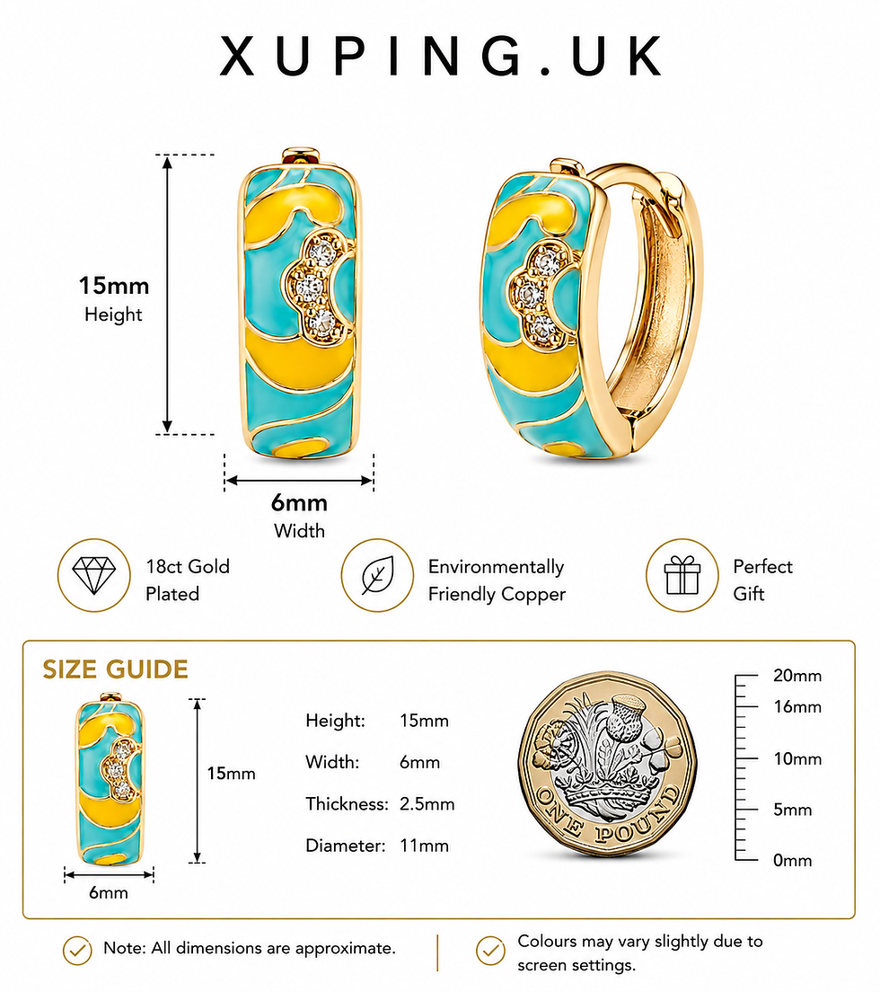 Thumbnail: 15mm turquoise and yellow enamel huggie earrings