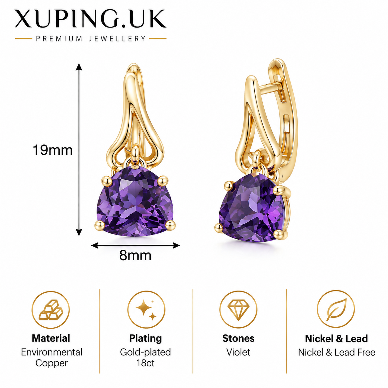 XUPING violet cubic zirconia latch back earrings
