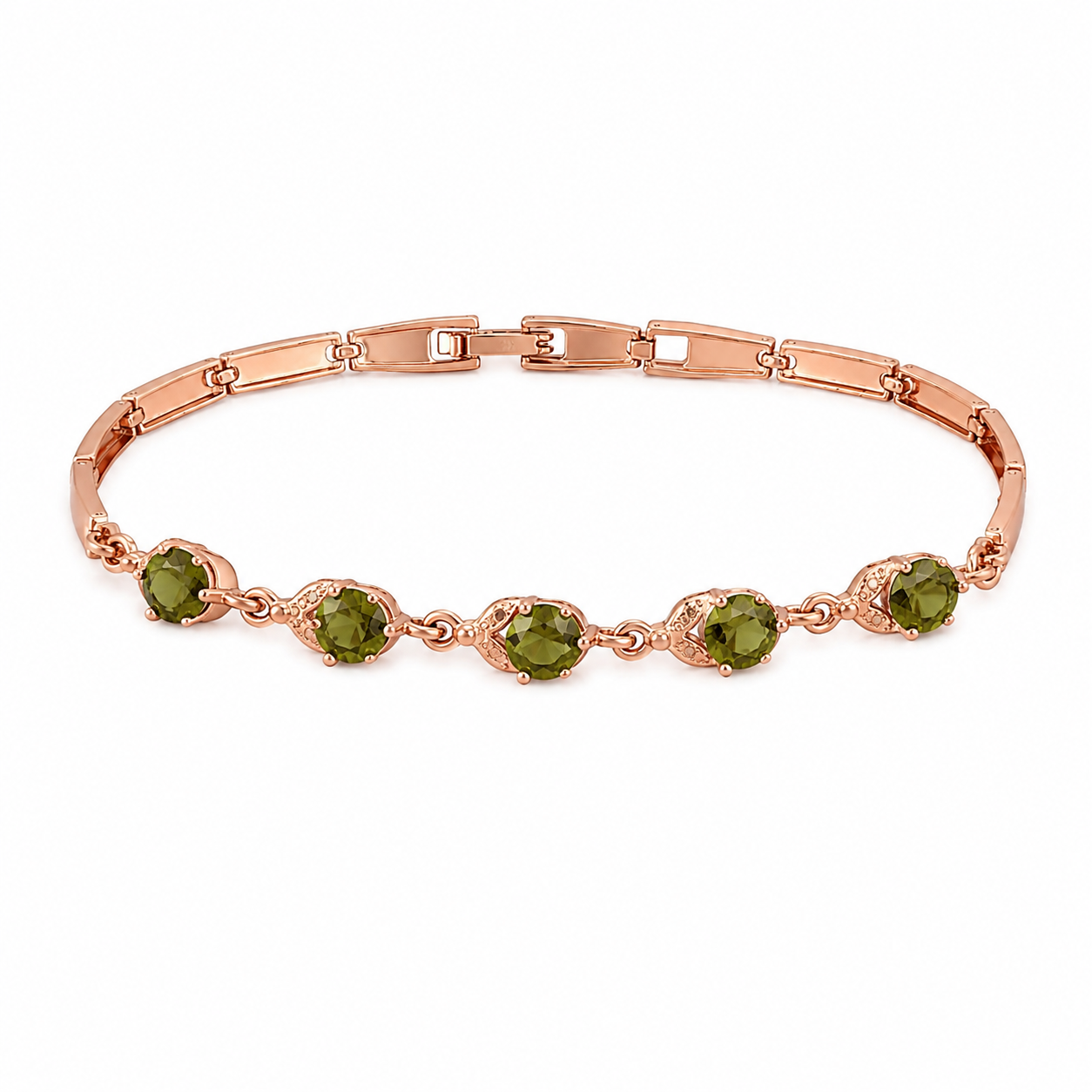 Rose gold colour bracelet with green and clear stones