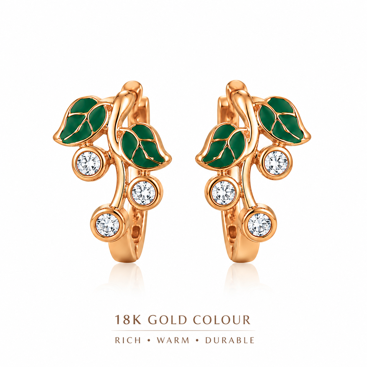 18ct gold plated 12mm hoop earrings with green enamel leaves and clear cubic zirconia on a white background – XUPING.UK.