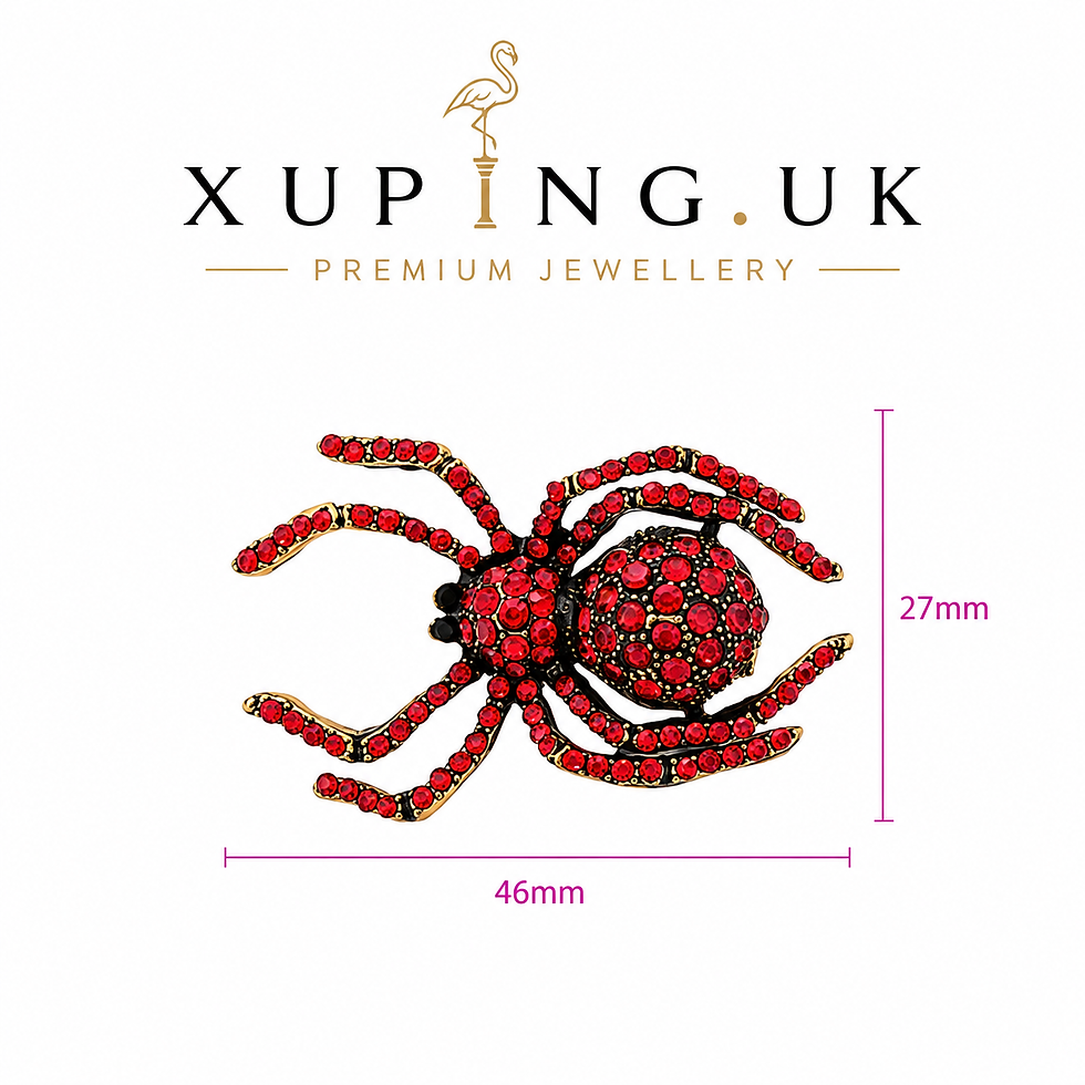 Thumbnail: 24ct gold plated red crystal spider brooch with 46 × 27 mm size guide.