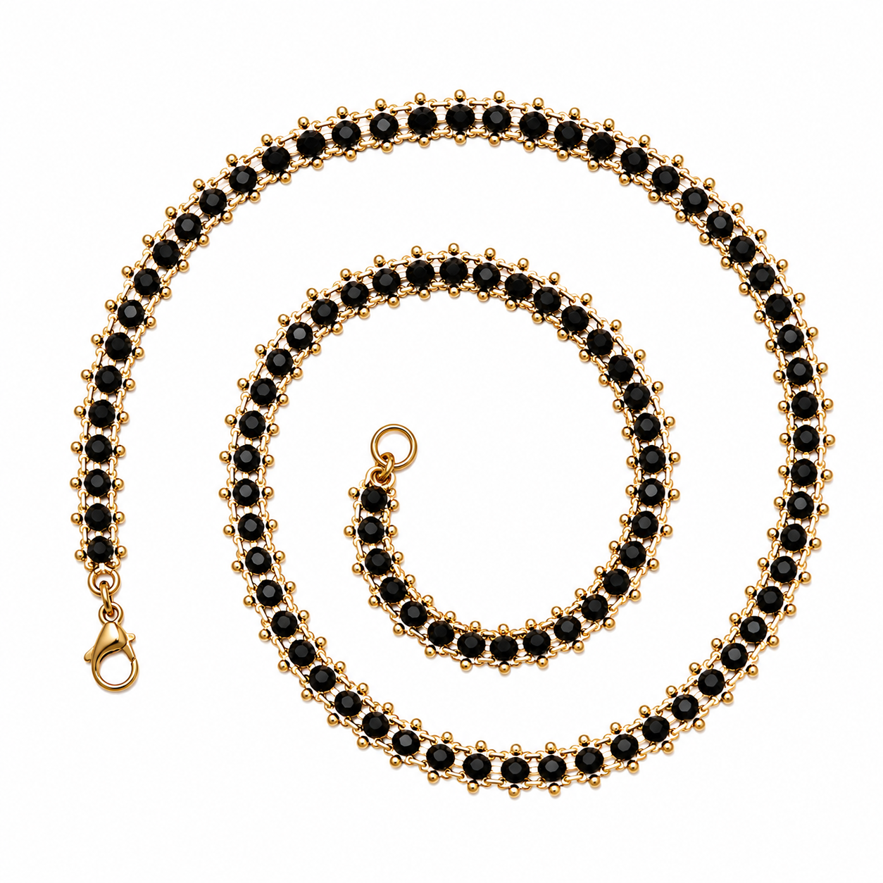 Black beaded necklace with 18ct gold-plated finish on white background