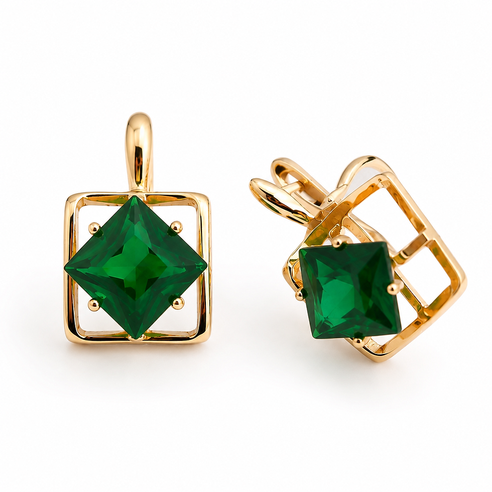 18ct gold-plated green zirconia earrings with geometric square design on white background
