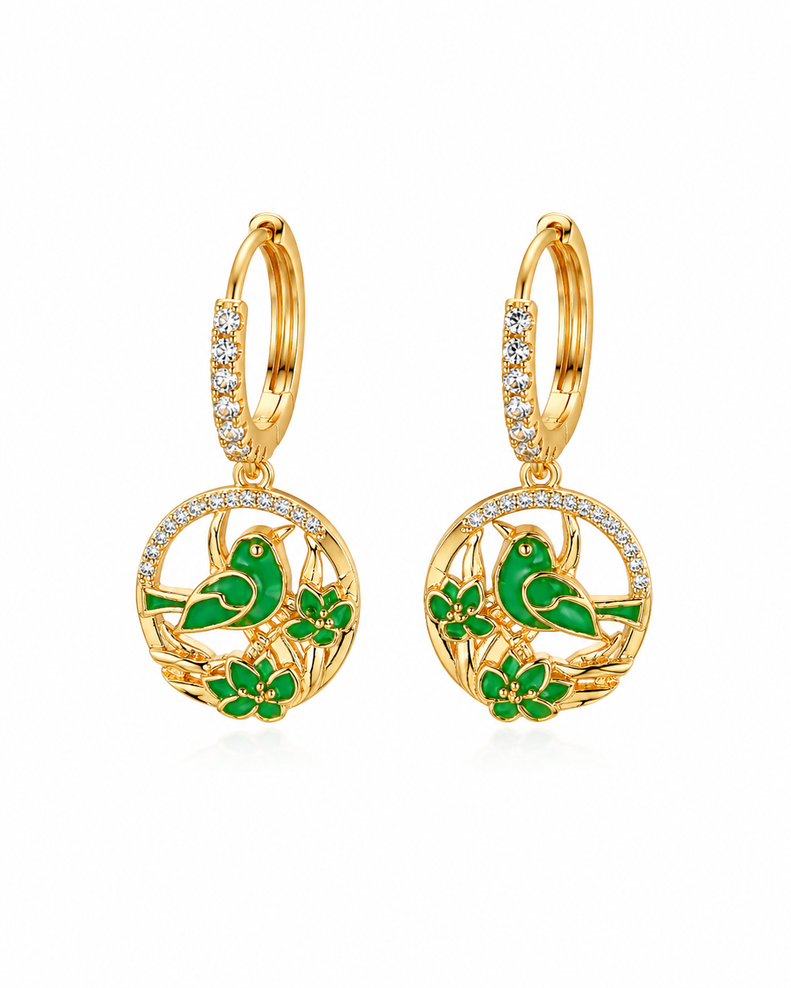 Green 18ct gold-plated cubic zirconia drop earrings 32mm