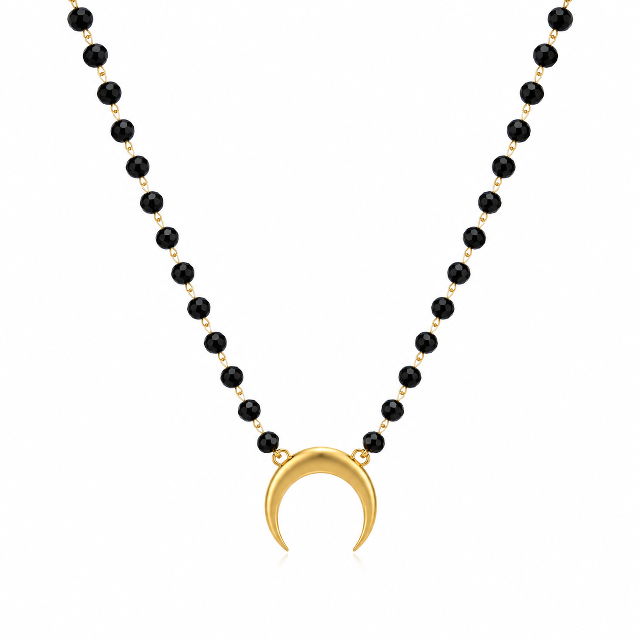 Black beaded crescent necklace in 14K Gold Colour Plated Stainless Steel on white background