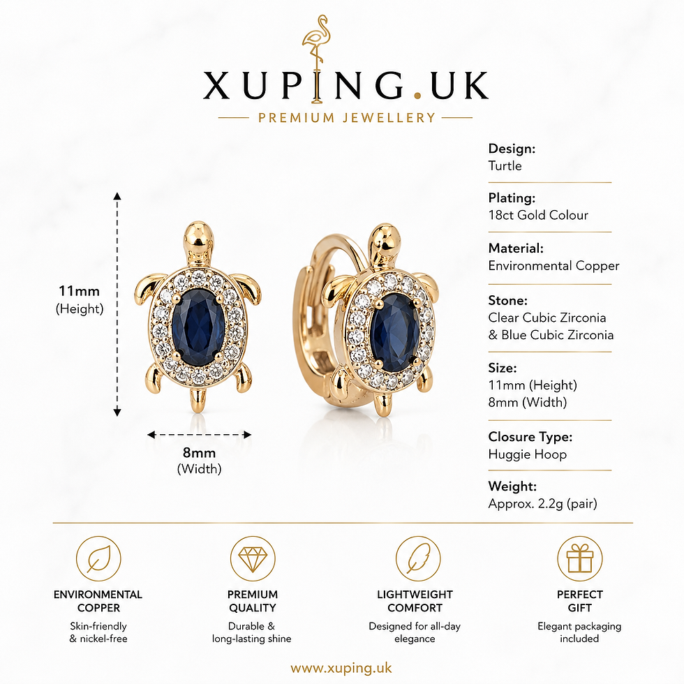 Thumbnail: Size guide for 18ct gold colour turtle stud earrings with navy blue cubic zirconia, crafted from Environmental Copper – XUPIN