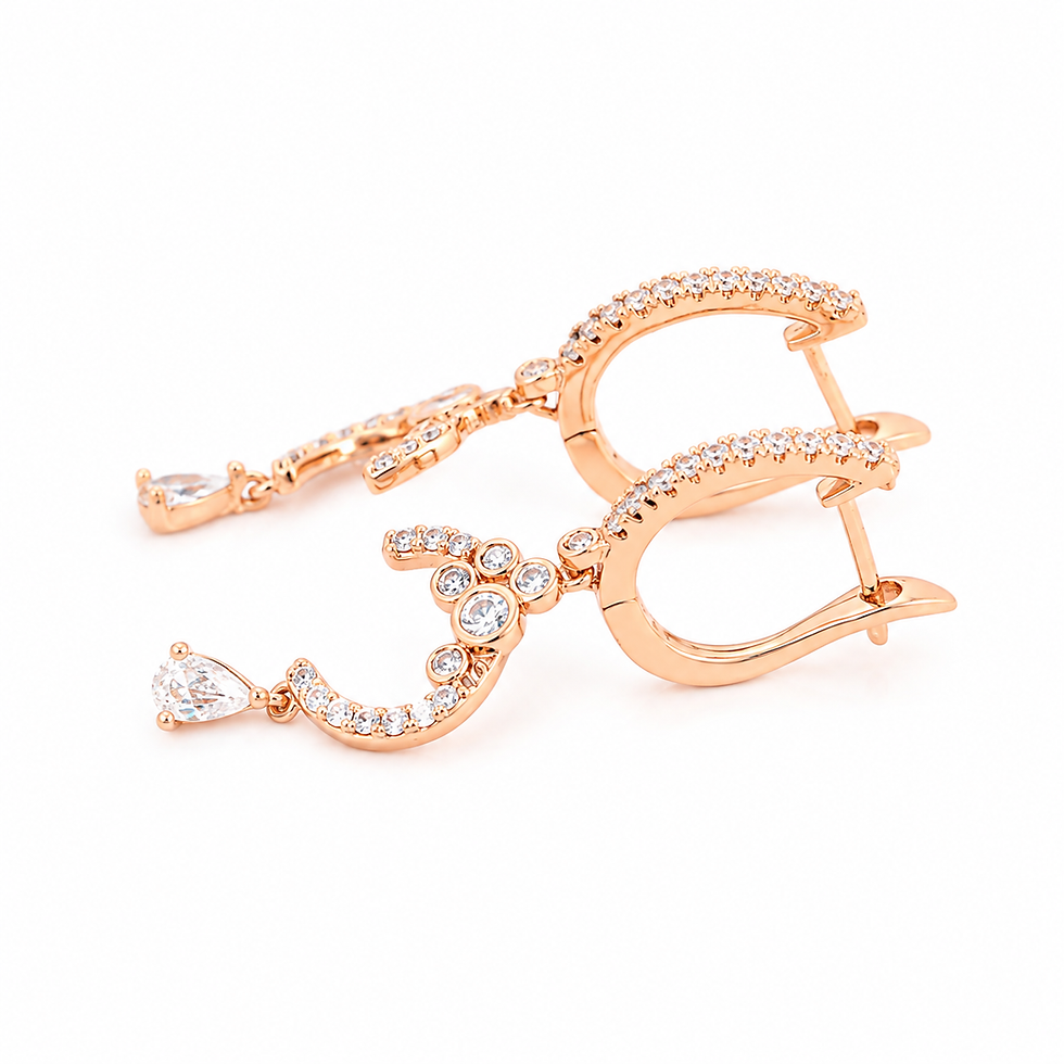Close-up side view of rose gold plated zirconia earrings showing elegant geometric chain detail.