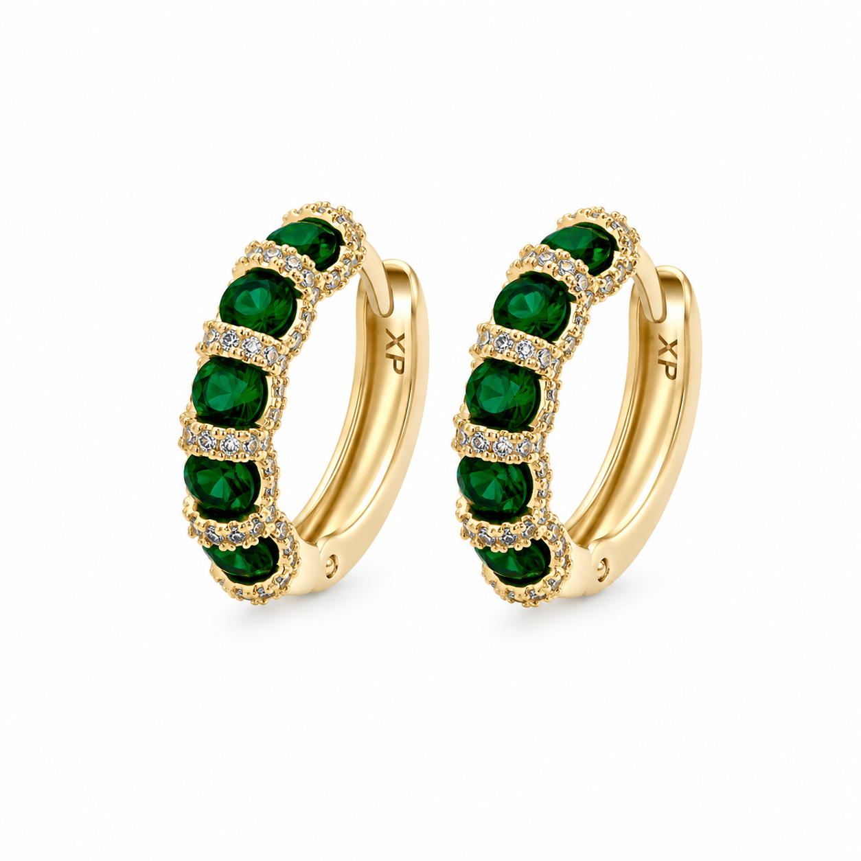 14K Gold Colour hoop earrings with green Cubic Zirconia, 19mm.