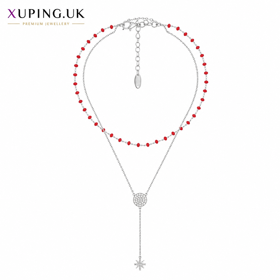 Thumbnail: Rhodium-plated layered necklace crafted from eco-friendly copper with red crystal beads, a pavé pendant and an adjustable cha