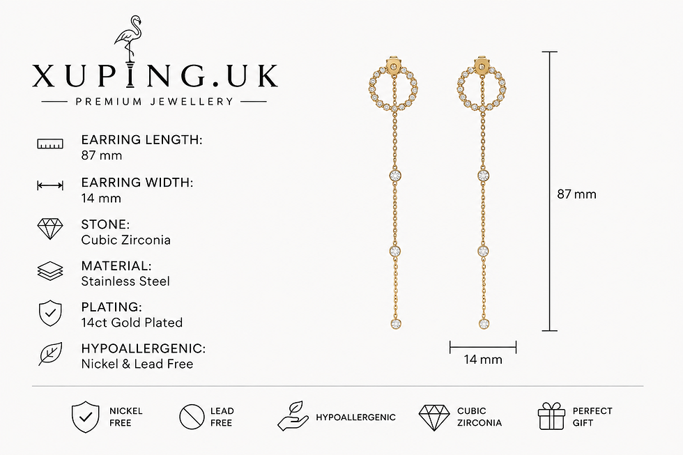 Thumbnail: Close-up of 14ct gold plated long drop earrings with sparkling cubic zirconia.